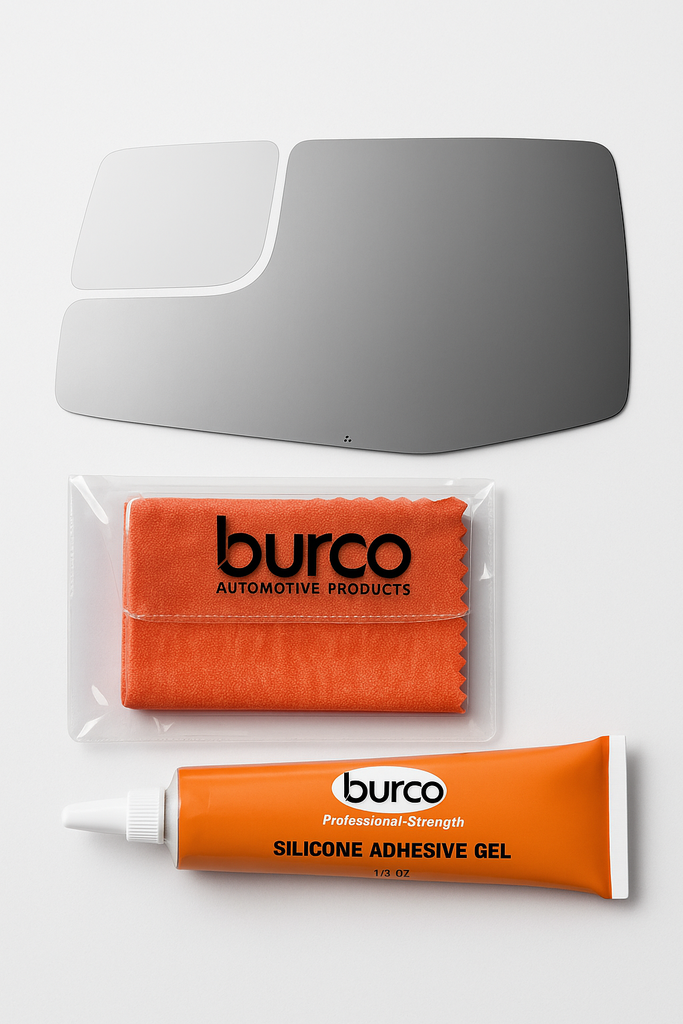 Burco - Driver Side View Mirror For Chev Silverado Sierra 1500 Lh Lower Flat E C Fitover - 4795 (Glass Only - Backing Plate not Included) with 6 X 6 Microfiber Cloth & SILICONE - 1 2 OZ TUBE