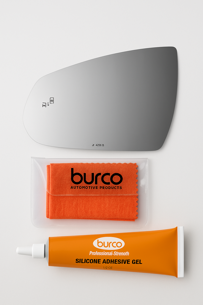 Burco - Driver Side View Mirror W Blind Spot For Cadillac Srx Lh Flat Bldspt E C Fitover - 4338B (Glass Only - Backing Plate not Included) with 6 X 6 Microfiber Cloth & SILICONE - 1 2 OZ TUBE