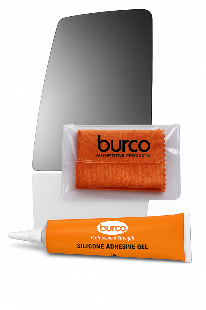 Burco - Driver Side View Mirror For Ford F-650 F-750 Lh Upper Flat - 4773 (Glass Only - Backing Plate not Included) with 6 X 6 Microfiber Cloth & SILICONE - 1 2 OZ TUBE