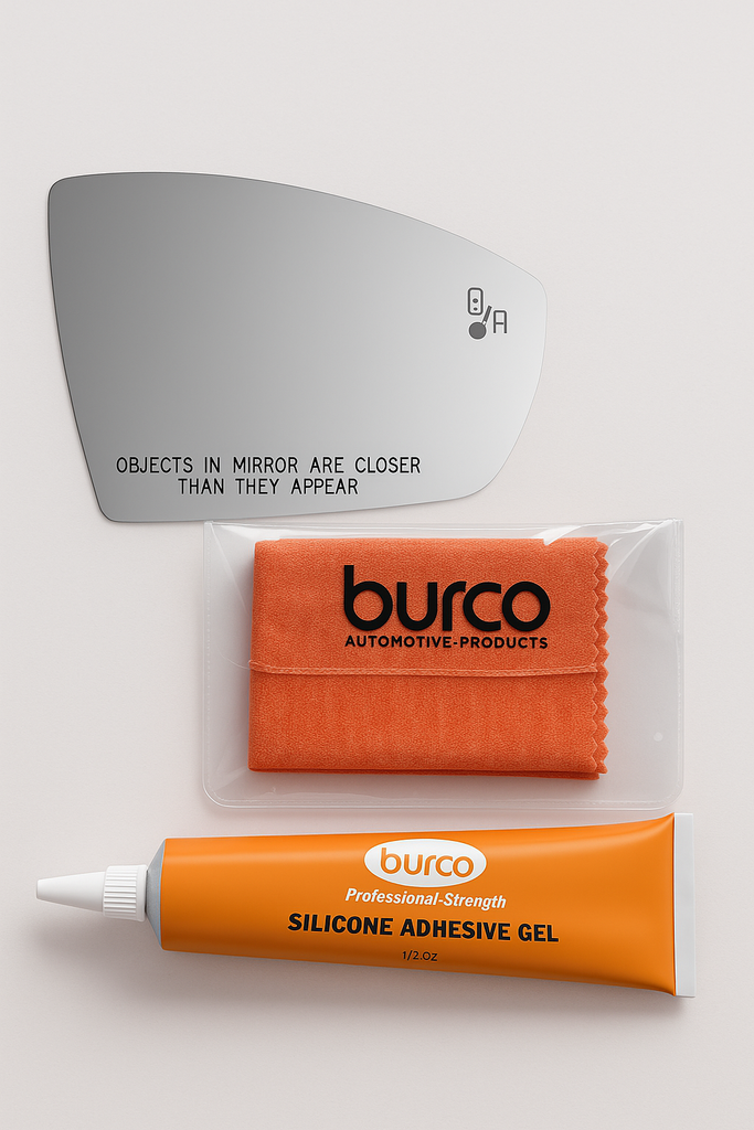 Burco - Passenger Side View Mirror W Blind Spot Cross Path For Ford Ecosport Rh Convex Bldspt Crspth Fitover - 5794BC (Glass Only - Backing Plate not Included) with 6 X 6 Microfiber Cloth & SILICONE - 1 2 OZ TUBE