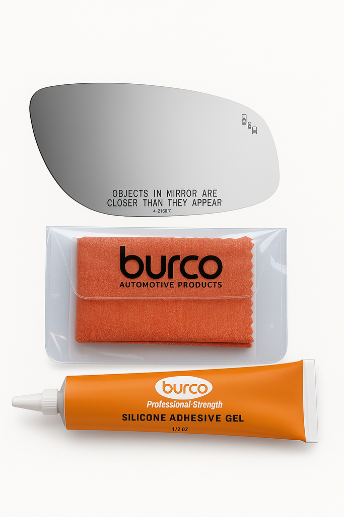 Burco - Passenger Side View Mirror W Blind Spot For Ford Taurus Rh Convex Bldspt Fitover - 5387B (Glass Only - Backing Plate not Included) with 6 X 6 Microfiber Cloth & SILICONE - 1 2 OZ TUBE