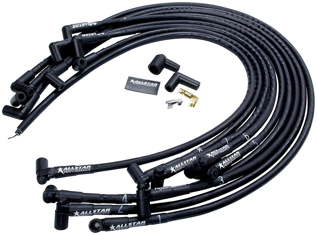 Spark Plug Wire Set, Spiral Core, 8 mm, Sleeved, Black, 90 Degree Plug Boots, HEI Style Terminal, Under Header, Small Block Chevy, Kit