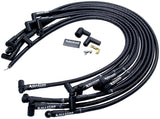 Spark Plug Wire Set, Spiral Core, 8 mm, Sleeved, Black, 90 Degree Plug Boots, HEI Style Terminal, Under Header, Small Block Chevy, Kit