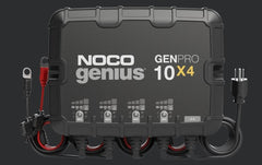 Noco GENPRO10X4 Battery Charger; For 12 Volt Batteries; 4 Bank Onboard Charger/ 10 Amp Per Bank; 120 To 240 Volt AC/ 50 To 60 Hz; 40 Amp Charging Current; 11.4 Inch Length x 2.8 Inch Width x 9.1 Inch Height; With Two Self-Tapping Screw