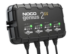 Noco GENIUS2X4 Battery Charger; For 6 Volt/ 12 Volt Batteries; 4 Bank Onboard Charger/ 2 Amp Per Bank; 120 To 240 Volt AC/ 50 To 60 Hz; 8 Amp Charging Current; 9.4 Inch Length x 2.3 Inch Width x 5.7 Inch Height; With Four Interchangeable Connectors/ Four Clamps With Integrated Eyelets/ Four 10 Foot Extension Cords/ Two Self-Tapping Screw/ Type A/ C/ G And I Power Cables