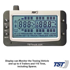 Truck System Technology (TST) TST-507-FT-4 Tire Pressure Monitoring System - TPMS; 507 Series; For Use On Metal Valve Stems And For RV And Trailer Applications; 4 Flow Thru Sensors; 3-1/2 Inch TST Wide Screen Monochromatic Display; With Audio And Visual Alerts; With Two Installation Wrenches/ Rubber Display Mount/ Suction Cup Display Mount/ USB And 12 Volt Charging Capabilities/ Detailed User Manual/ One 507 Repeater