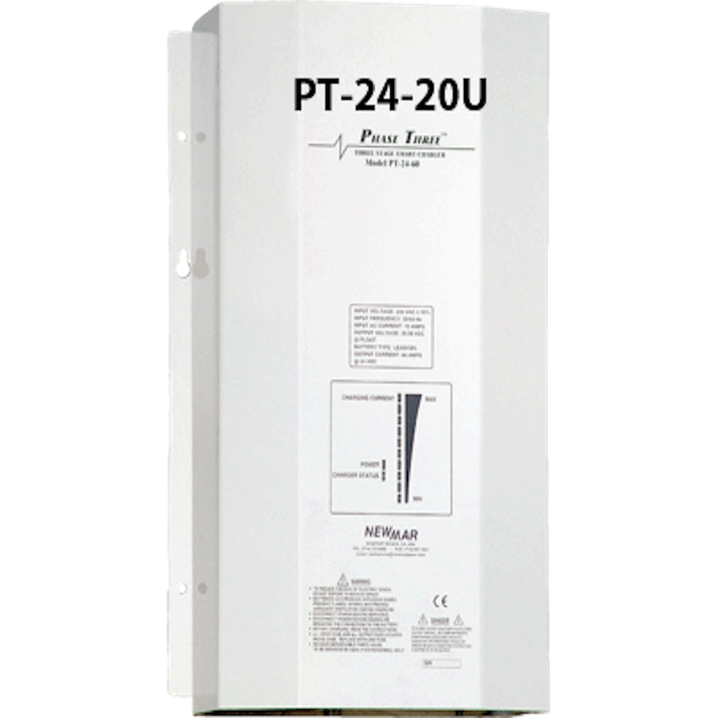 NewMar PT-24-20U Battery Charger; Phase Three Smart Series; For 24 Volt Gel-Cell/ 24 Volt Flooded Lead-Acid/ 24 Volt AGM Batteries; 3-Bank Charger; 90 To 264 Volt AC Power Supply; 3 Step Bulk/ Absorption/ Float; 20 Amp Output Current; 9.5 Inch Width x 4.8 Inch Depth x 13.85 Inch Height Overall Dimension; 40 To 200 Ampere Hour Battery Capacity; -20 To 60 Degree Celsius Operating Temperature; CG USCG CFR 183.410; With LED Audible Indicators/ 25 Feet Cable/ Plug-In Connector