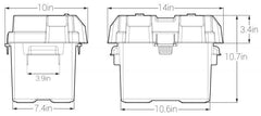 Noco BG24 Battery Box; HM300BKS; Fits Group 24 Automotive/ Marine/ RV Batteries; Snap-Top; Rugged Design; Black; Reinforced Plastic; Fully Ventilated; 10-1/2 Inch Length x 7.2 Inch Width x 9.6 Inch Height Internal Dimension; 14 Inch Length x 10 Inch Width x 10.7 Inch Height External Dimension; UV Resistant; Impact Resistant To -20 Degree Fahrenheit; Coast Guard/ ABYC Certified; Includes 42 Inch Battery Box Strap