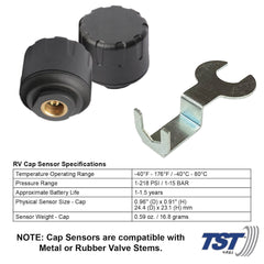 Truck System Technology (TST) TST-507-RV-S4 Tire Pressure Monitoring System - TPMS Sensor; 507 Series; For Towed Vehicle And Trailers And For Use On Rubber Or Metal Valve Stems; With 507 Cap Sensor; 4 Screw On Cap Style Sensors; Water Resistant; 2 Installation Wrenches; Pack Of 4