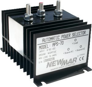 NewMar APS-70 Power Selector Switch; Automatic; 70 Amp Load Capacity; 6 To 50 Volt DC; 6 Millimeter Stud; Black; Aluminum Case; 3-1/4 Inch Length x 4-1/2 Inch Width x 3.1 Inch Depth; -40 To 80 Degree Celsius Operating Temperature