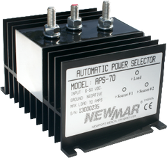 NewMar APS-70 Power Selector Switch; Automatic; 70 Amp Load Capacity; 6 To 50 Volt DC; 6 Millimeter Stud; Black; Aluminum Case; 3-1/4 Inch Length x 4-1/2 Inch Width x 3.1 Inch Depth; -40 To 80 Degree Celsius Operating Temperature