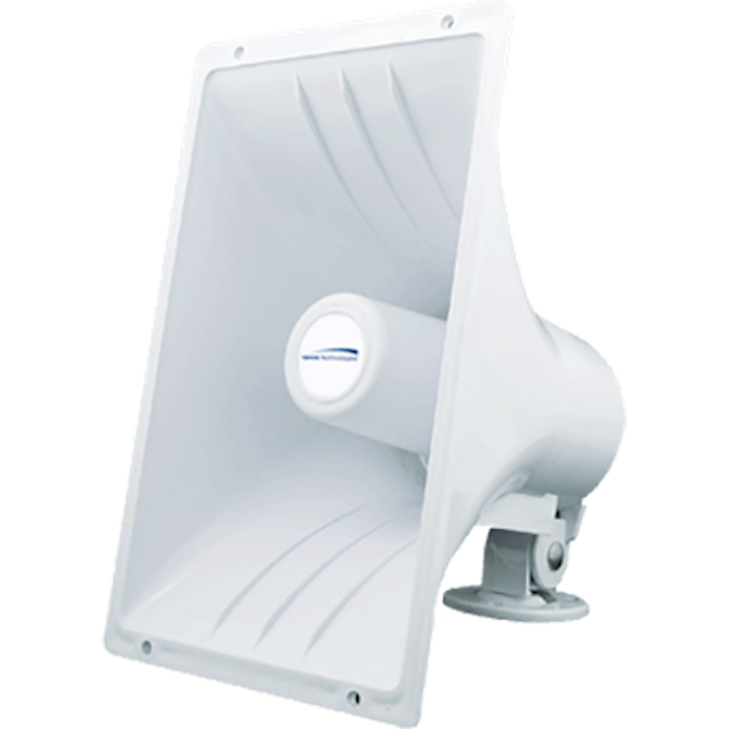 NewMar PA-40/30 Marine Hailer Horn; Used For Indoor/Outdoor Paging And Alarm Systems; 40 Watts Nominal/ 30 Watts Peak Output; 8 Ohm Impedance; White; Plastic; Heavy Duty Commercial; Distortion-Free Waterproof; With Stainless Steel Hardware