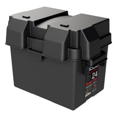 Noco BG24 Battery Box; HM300BKS; Fits Group 24 Automotive/ Marine/ RV Batteries; Snap-Top; Rugged Design; Black; Reinforced Plastic; Fully Ventilated; 10-1/2 Inch Length x 7.2 Inch Width x 9.6 Inch Height Internal Dimension; 14 Inch Length x 10 Inch Width x 10.7 Inch Height External Dimension; UV Resistant; Impact Resistant To -20 Degree Fahrenheit; Coast Guard/ ABYC Certified; Includes 42 Inch Battery Box Strap