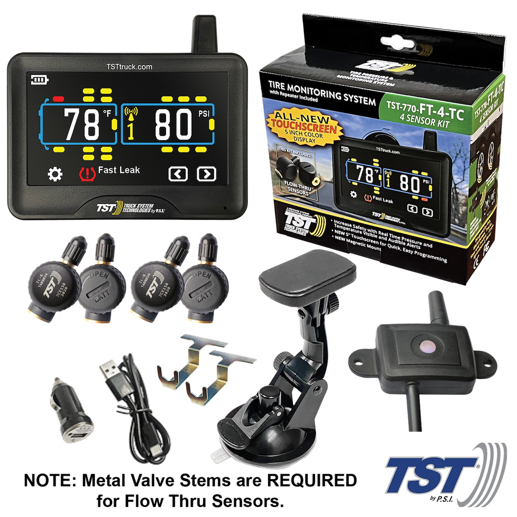 Truck System Technology (TST) TST-770-FT-4-TC Tire Pressure Monitoring System - TPMS; 770 Series; For Use On Metal Valve Stems And For RV And Trailer Applications; 4 Flow Thru Sensors; 5 Inch TST Wide Screen Color Display; With Audio And Visual Alerts; With Two Installation Wrenches/ Suction Cup Display Mount/ USB And 12 Volt Charging Capabilities/ Detailed User Manual/ One 770 Repeater