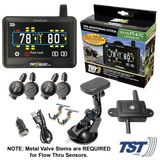 Truck System Technology (TST) TST-770-FT-4-TC Tire Pressure Monitoring System - TPMS; 770 Series; For Use On Metal Valve Stems And For RV And Trailer Applications; 4 Flow Thru Sensors; 5 Inch TST Wide Screen Color Display; With Audio And Visual Alerts; With Two Installation Wrenches/ Suction Cup Display Mount/ USB And 12 Volt Charging Capabilities/ Detailed User Manual/ One 770 Repeater