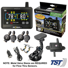 Truck System Technology (TST) TST-770-FT-4-TC Tire Pressure Monitoring System - TPMS; 770 Series; For Use On Metal Valve Stems And For RV And Trailer Applications; 4 Flow Thru Sensors; 5 Inch TST Wide Screen Color Display; With Audio And Visual Alerts; With Two Installation Wrenches/ Suction Cup Display Mount/ USB And 12 Volt Charging Capabilities/ Detailed User Manual/ One 770 Repeater