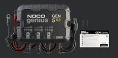 Noco GEN5X3 Battery Charger; For 12 Volt Batteries; 3 Bank Onboard Charger/ 5 Amp Per Bank; 120 To 240 Volt AC/ 50 To 60 Hz; 15 Amp Charging Current; 7.9 Inch Length x 2.2 Inch Width x 6-1/2 Inch Height; With Two Self-Tapping Screw