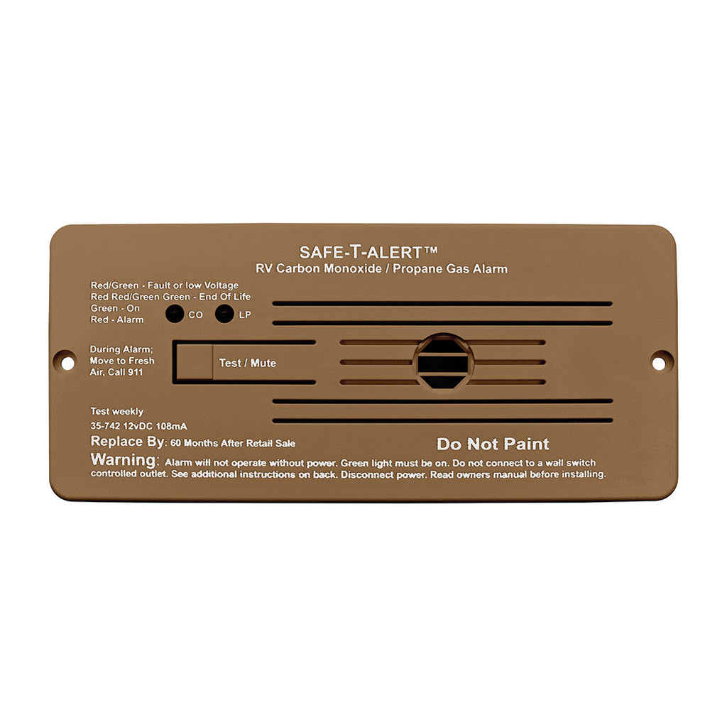 MTI Industry 35-742-BR Carbon Monoxide/ Propane Leak Detector; Safe-T-Alert ™; Detects Both LP And CO Gas; Alerts To Leak With Beeping; With LED Indicator; Flush Mount; 12 Volt Hardwire; Brown