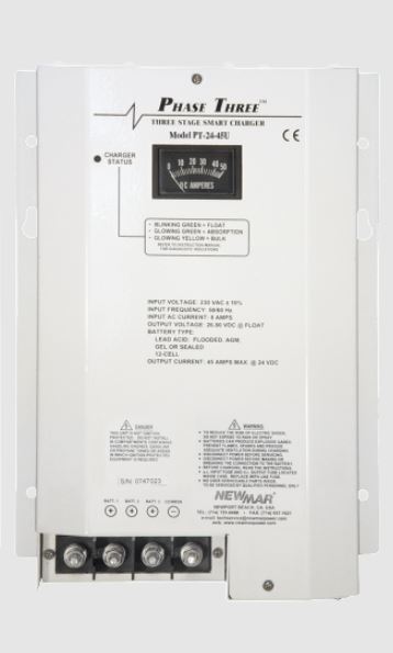NewMar PT-24-45U Battery Charger; Phase Three Smart Series; For 24 Volt Gel-Cell/ 24 Volt Flooded Lead-Acid/ 24 Volt AGM Batteries; 3-Bank Charger; 90 To 264 Volt AC Power Supply; 3 Step Bulk/ Absorption/ Float; 45 Amp Output Current; 9.6 Inch Width x 5.6 Inch Depth x 14.8 Inch Height Overall Dimension; 90 To 450 Ampere Hour Battery Capacity; -20 To 70 Degree Celsius Operating Temperature; EN 60335-1/ EN 60335-2-29; With LED Audible Indicators/ Remote Panel/ 25 Feet Cable/ Plug-In Connector
