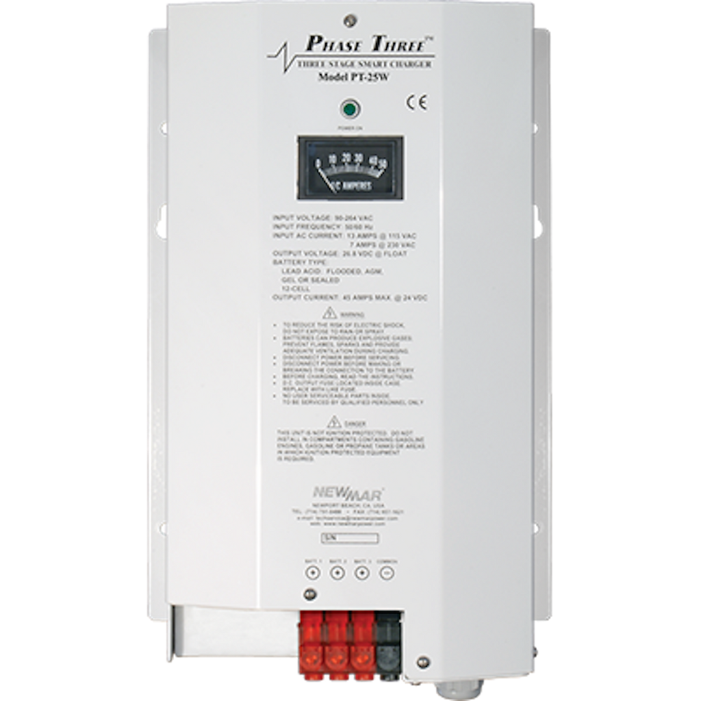 NewMar PT-25W Battery Charger; Phase Three Smart Series; For 12 Volt Gel-Cell/ 12 Volt Flooded Lead-Acid/ 12 Volt AGM Batteries; 3-Bank Charger; 90 To 132/ 180 To 264 Volt AC Power Supply; 3 Step Bulk/ Absorption/ Float; 25 Amp Output Current; 7.7 Inch Width x 4.3 Inch Depth x 12.5 Inch Height Overall Dimension; 50 To 250 Ampere Hour Battery Capacity; -10 To 60 Degree Celsius Operating Temperature; CG USCG CFR 183.410; With LED Audible Indicators/ Remote Panel/ 25 Feet Cable/ Plug-In Connector