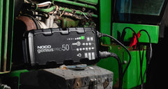 Noco GENIUSPRO50 Battery Charger; For 6 Volt/ 12 Volt/ 24 Volt Batteries; 100 Volt To 240 Volt AC/ 50 To 60 Hz; 50 Amp Charging Current (6 Volt And 12 Volt)/ 25 Amp Charging Current (24 Volt); 12.3 Inch Length x 3.6 Inch Width x 6.9 Inch Height; With One Genius PRO Clamps With Integrated Eyelets/ One 10 Foot Extension Cord/ One EVA Case/ Two Self-Tapping Screws/ Type A/ C/ G/ And I Power Cables