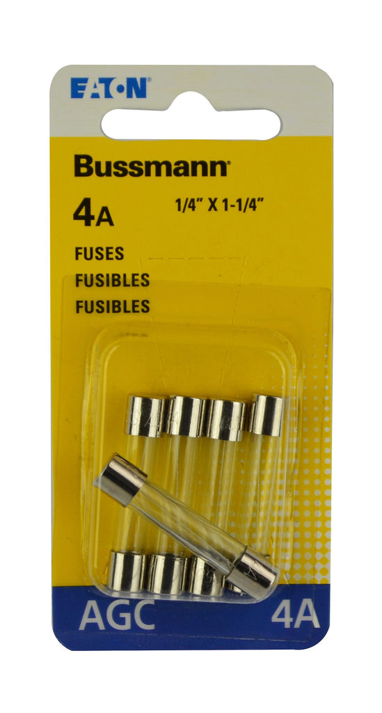 Bussman BP/AGC-4-RP Fuse; Glass Tube; AGC; 4 Amp; 1/4 Inch x 1-1/4 Inch; Pack Of 5; With English/ Spanish/ French Language Blister Packaging