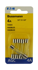 Bussman BP/AGC-4-RP Fuse; Glass Tube; AGC; 4 Amp; 1/4 Inch x 1-1/4 Inch; Pack Of 5; With English/ Spanish/ French Language Blister Packaging