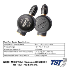 Truck System Technology (TST) TST-507-FT-6 Tire Pressure Monitoring System - TPMS; 507 Series; For Use On Metal Valve Stems And For RV And Trailer Applications; 6 Flow Thru Sensors; 3-1/2 Inch TST Wide Screen Monochromatic Display; With Audio And Visual Alerts; With Two Installation Wrenches/ Rubber Display Mount/ Suction Cup Display Mount/ USB And 12 Volt Charging Capabilities/ Detailed User Manual/ One 507 Repeater
