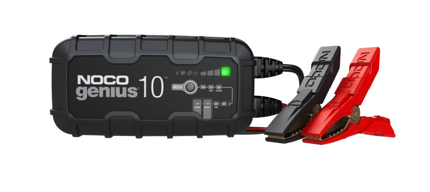Noco GENIUS10 Battery Charger; For 6 Volt And 12 Volt Batteries; 120 To 240 Volt AC/ 50 To 60 Hz; 9 Step Fully Automatic; 10 Amp Charging Current (6 Volt And 12 Volt); 7.1 Inch Length x 3.6 Inch Width x 2.3 Inch Height; With Interchangeable Connector/ Clamps With Integrated Eyelets/ Mounting Bracket With Strap/ Two Self-Tapping Screws