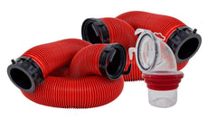 Valterra D04-0115 Sewer Hose -  EZ Coupler -  20 Foot Extended Length -  25 Inch Compressed Length For Each 10 Foot Section -  3 Inch Diameter -  18 Mil Vinyl -  UV Protectant -  Red With Black Fittings -  With Two 10 Foot Hoses/ Rotating Fittings/ Universal 90 Degree Sewer Adapter