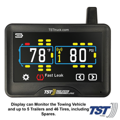 Truck System Technology (TST) TST-770-FT-4-TC Tire Pressure Monitoring System - TPMS; 770 Series; For Use On Metal Valve Stems And For RV And Trailer Applications; 4 Flow Thru Sensors; 5 Inch TST Wide Screen Color Display; With Audio And Visual Alerts; With Two Installation Wrenches/ Suction Cup Display Mount/ USB And 12 Volt Charging Capabilities/ Detailed User Manual/ One 770 Repeater