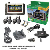 Truck System Technology (TST) TST-507-FT-4-C Tire Pressure Monitoring System - TPMS; 507 Series; For Use On Metal Valve Stems And For RV And Trailer Applications; 4 Flow Thru Sensors; 3-1/2 Inch TST Wide Screen Color Display; With Audio And Visual Alerts; With Two Installation Wrenches/ Rubber Display Mount/ Suction Cup Display Mount/ USB And 12 Volt Charging Capabilities/ Detailed User Manual/ One 507 Repeater