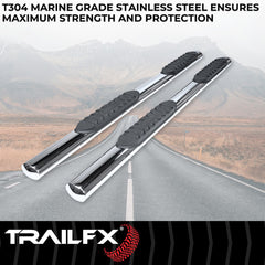 TrailFX A1528S Nerf Bar -  TFX 4" Oval Tube Side Steps -  With Step Pads -  4 Inch Oval Straight -  Polished -  Stainless Steel -  With Welded End Caps -  Rocker Panel Mount