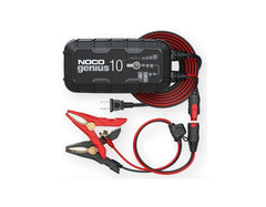 Noco GENIUS10 Battery Charger; For 6 Volt And 12 Volt Batteries; 120 To 240 Volt AC/ 50 To 60 Hz; 9 Step Fully Automatic; 10 Amp Charging Current (6 Volt And 12 Volt); 7.1 Inch Length x 3.6 Inch Width x 2.3 Inch Height; With Interchangeable Connector/ Clamps With Integrated Eyelets/ Mounting Bracket With Strap/ Two Self-Tapping Screws