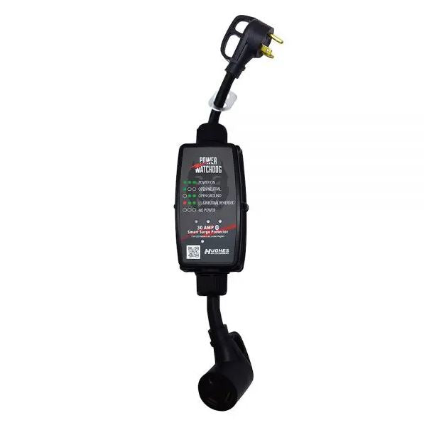 Hughes Auto PWD30 Surge Protector; Protect From Damaging Low/ High Voltage Levels and Power Surges When Connected To Campground Power Supply; Portable; 2400 Joules Of Advanced Surge Protection; 30 Amp; Bluetooth Connectivity; With Fault Indicator Light; With Plug Head Handle Grip; Smart Technology Compatible