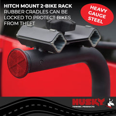 HUSKY TOWING - Bike Rack; 2 Inch Receiver Hitch Mount; Holds 2 Bikes; Up To 60 Pound Weight Capacity; Bike Frame Clamp; Without Lock; Non-Foldable; Black Powder Coated; Steel - 81146