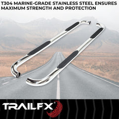 TrailFX A0063S Nerf Bar -  TFX Round Tube Side Steps -  With Step Pads -  3 Inch Round Bent -  Polished -  Stainless Steel -  Without End Caps -  Rocker Panel Mount