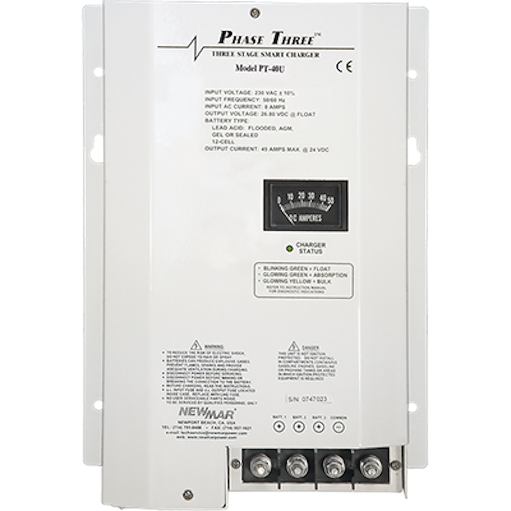 NewMar PT-40U Battery Charger; Phase Three Smart Series; For 12 Volt Gel-Cell/ 12 Volt Flooded Lead-Acid/ 12 Volt AGM Batteries; 3-Bank Charger; 90 To 264 Volt AC Power Supply; 3 Step Bulk/ Absorption/ Float; 40 Amp Output Current; 9.5 Inch Width x 4.8 Inch Depth x 13.85 Inch Height Overall Dimension; 80 To 400 Ampere Hour Battery Capacity; -20 To 60 Degree Celsius Operating Temperature; CG USCG CFR 183.410; With LED Audible Indicators/ 25 Feet Cable/ Plug-In Connector