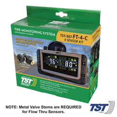 Truck System Technology (TST) TST-507-FT-4-C Tire Pressure Monitoring System - TPMS; 507 Series; For Use On Metal Valve Stems And For RV And Trailer Applications; 4 Flow Thru Sensors; 3-1/2 Inch TST Wide Screen Color Display; With Audio And Visual Alerts; With Two Installation Wrenches/ Rubber Display Mount/ Suction Cup Display Mount/ USB And 12 Volt Charging Capabilities/ Detailed User Manual/ One 507 Repeater