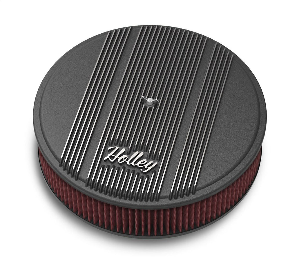 Holley Performance 120-153 Air Cleaner Assembly; 5-1/8 Inch Flange; 14 Inch Diameter; Round; Black; Finned Aluminum; Holley Script; With 3 Inch Premium Filter; With Hold Down Screw