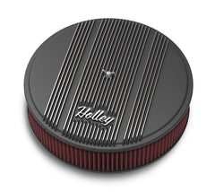 Holley Performance 120-153 Air Cleaner Assembly; 5-1/8 Inch Flange; 14 Inch Diameter; Round; Black; Finned Aluminum; Holley Script; With 3 Inch Premium Filter; With Hold Down Screw
