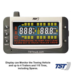Truck System Technology (TST) TST-507-FT-6-C Tire Pressure Monitoring System - TPMS; 507 Series; For Use On Metal Valve Stems And For RV And Trailer Applications; 6 Flow Thru Sensors; 3-1/2 Inch TST Wide Screen Color Display; With Audio And Visual Alerts; With Two Installation Wrenches/ Rubber Display Mount/ Suction Cup Display Mount/ USB And 12 Volt Charging Capabilities/ Detailed User Manual/ One 507 Repeater