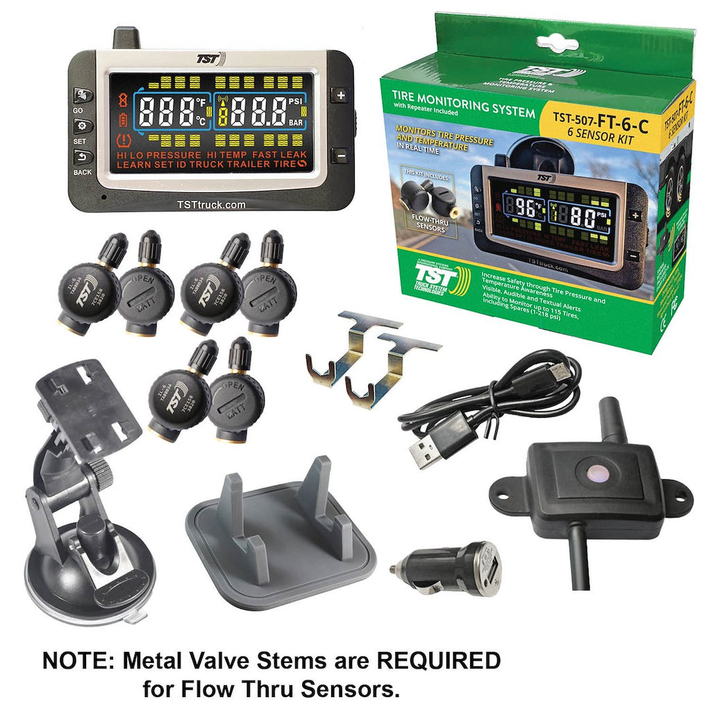 Truck System Technology (TST) TST-507-FT-6-C Tire Pressure Monitoring System - TPMS; 507 Series; For Use On Metal Valve Stems And For RV And Trailer Applications; 6 Flow Thru Sensors; 3-1/2 Inch TST Wide Screen Color Display; With Audio And Visual Alerts; With Two Installation Wrenches/ Rubber Display Mount/ Suction Cup Display Mount/ USB And 12 Volt Charging Capabilities/ Detailed User Manual/ One 507 Repeater
