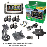 Truck System Technology (TST) TST-507-FT-6-C Tire Pressure Monitoring System - TPMS; 507 Series; For Use On Metal Valve Stems And For RV And Trailer Applications; 6 Flow Thru Sensors; 3-1/2 Inch TST Wide Screen Color Display; With Audio And Visual Alerts; With Two Installation Wrenches/ Rubber Display Mount/ Suction Cup Display Mount/ USB And 12 Volt Charging Capabilities/ Detailed User Manual/ One 507 Repeater