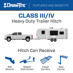DRAW TITE - Trailer Hitch Rear; Max-Frame; Class III; Square Tube; 2 Inch Receiver; 5000 Pound Weight Carrying Capacity/ 750 Pound Tongue Weight - 76555
