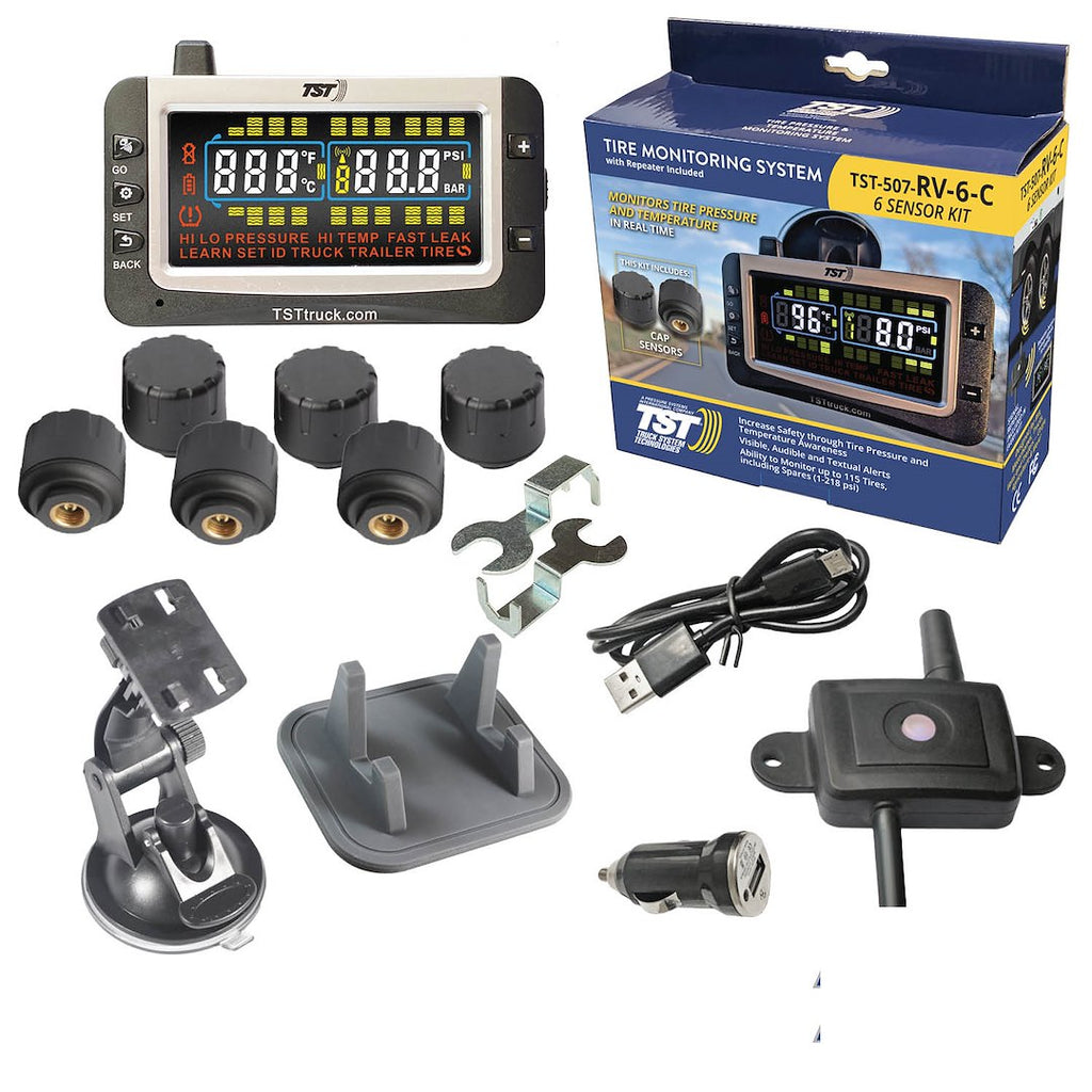 Truck System Technology (TST) TST-507-RV-6-C Tire Pressure Monitoring System - TPMS; 507 Series; For Use On Rubber Or Metal Valve Stems And For RV And Trailer Applications; 6 Cap Sensors; 3-1/2 Inch TST Wide Screen Color Display; With Audio And Visual Alerts; With Two Installation Wrenches/ Rubber Display Mount/ Suction Cup Display Mount/ USB And 12 Volt Charging Capabilities/ Detailed User Manual/ One 507 Repeater