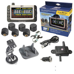 Truck System Technology (TST) TST-507-RV-6-C Tire Pressure Monitoring System - TPMS; 507 Series; For Use On Rubber Or Metal Valve Stems And For RV And Trailer Applications; 6 Cap Sensors; 3-1/2 Inch TST Wide Screen Color Display; With Audio And Visual Alerts; With Two Installation Wrenches/ Rubber Display Mount/ Suction Cup Display Mount/ USB And 12 Volt Charging Capabilities/ Detailed User Manual/ One 507 Repeater