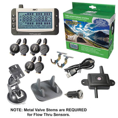 Truck System Technology (TST) TST-507-FT-6 Tire Pressure Monitoring System - TPMS; 507 Series; For Use On Metal Valve Stems And For RV And Trailer Applications; 6 Flow Thru Sensors; 3-1/2 Inch TST Wide Screen Monochromatic Display; With Audio And Visual Alerts; With Two Installation Wrenches/ Rubber Display Mount/ Suction Cup Display Mount/ USB And 12 Volt Charging Capabilities/ Detailed User Manual/ One 507 Repeater