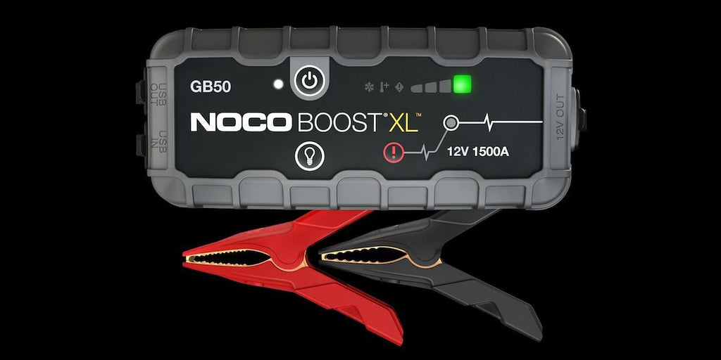 Noco GB50 Battery Portable Jump Starter; 12 Volt Lead-Acid Batteries; 1500 Amp Peak; Up To 30 Jump Starts Per Charge; With Reverse Polarity Protection; With LED Flashlight With 7 Modes; 2.1 Ampere Micro USB Input/ 2.1 Ampere USB Output Conection; With Jumper Cable With HD Clamps/ 12 Volt Car Charger/ Micro USB Cable/ Microfiber Storage Bag/ Safety And Warranty Information