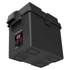 Noco BG6V Battery Box; HM306BKS; Fits 6 Volt Automotive/ Marine/ RV Batteries; Snap-Top; Rugged Design; Black; Reinforced Plastic; Fully Ventilated; 10.6 Inch Length x 7.6 Inch Width x 11.2 Inch Height Internal Dimension; 14.1 Inch Length x 10.6 Inch Width x 12.4 Inch Height External Dimension; UV Resistant; Impact Resistant To -20 Degree Fahrenheit; Coast Guard/ ABYC Certified; Includes 54 Inch Battery Box Strap